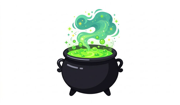 Spooky wizard cauldron with mysterious green liquid and sparkling stars vector graphic