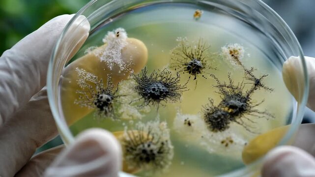 Scientific study, gloved hand holding a round glass petri dish containing varied microorganism cultures, observing fungal bacteria growth patterns within a biology lab.