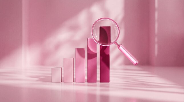 Bars rise in radiant pink beneath magnifying lens; surreal ceremony of progress and analysis, duality of fragility and insight, abstract echoes of heritage, awareness, and identity.