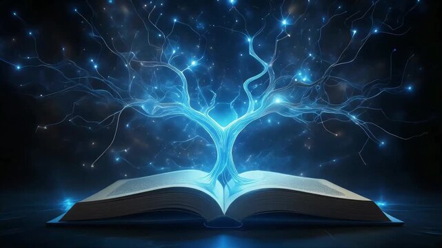 Open book with glowing digital tree animation representing knowledge growth and magical learning in this high quality motion video clip