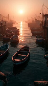 A small coastal harbor at sunrise with colorful fishing boats gently rocking on calm water, illuminated by warm golden reflections and a peaceful morning atmosphere.