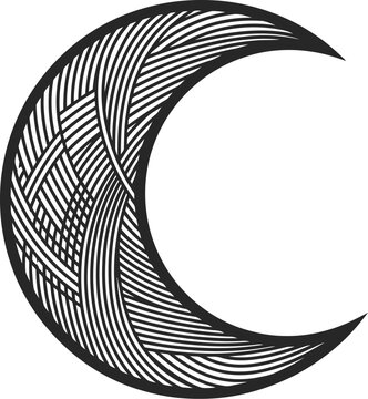 Geometric crescent moon vector icon muscle fiber tissue cross hatch pattern lens curvature pathology minimalist line art style night sky sign
