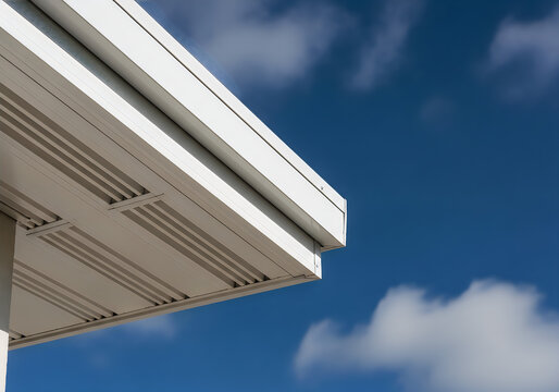 Closeup of modern white building soffit against blue sky with clouds