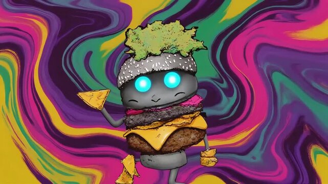 Hamburger character mascot dancing with glowing eyes against colorful liquid marble background in this creative digital motion animation video clip