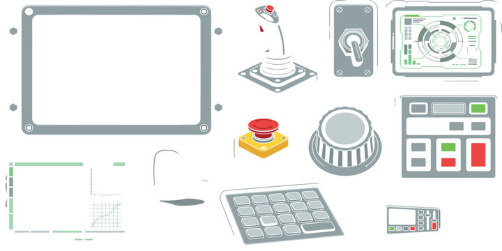 Industrial control panel and cockpit interface elements set featuring joystick buttons and screens