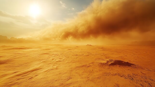 Intense desert sandstorm sweeping across fine sand under blazing sunlight with orange brown haze highlighting extreme arid conditions