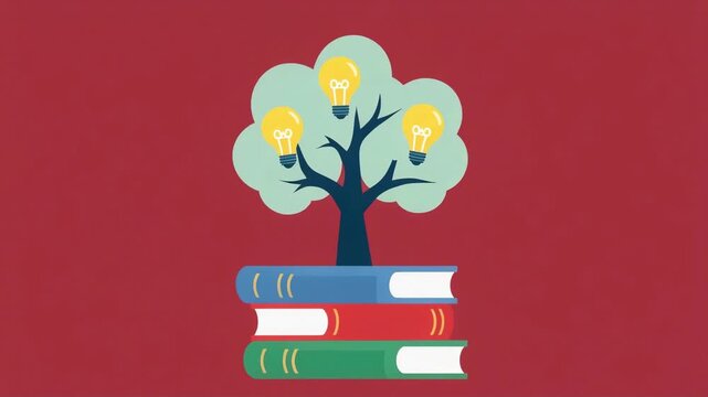 Knowledge tree growing from stack of books with glowing light bulbs representing creative innovation and digital education motion video
