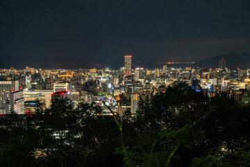 Obraz premium Beautiful Night View of Hiroshima Station Area from Futabayama with a Sparkling Urban Panorama