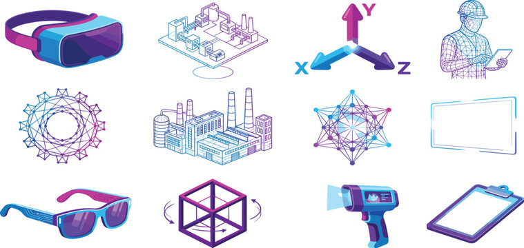 Industrial digital twin and virtual reality tech icon set with neon wireframe elements