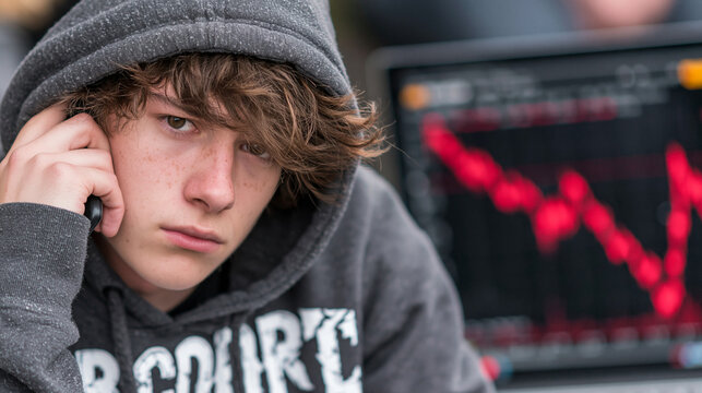 A candid photograph of a crypto investor on the phone, looking distressed, with a laptop displaying red downtrend graphs in the background