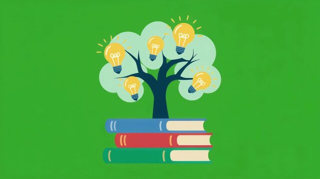 Knowledge tree animation with glowing lightbulbs growing from stack of colorful books for education and creative learning motion video concept