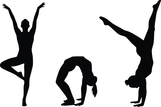 Black gymnastics silhouettes vector illustration of flexible women doing gymnastics training backbend and handstand pose isolated on white background