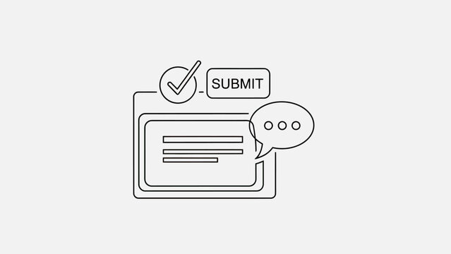 Minimalist icon showing a submitted form with a checkmark and speech bubble