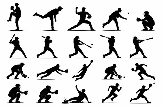 Set of black baseball player silhouettes in various action poses and positions