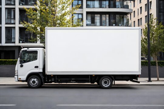 White box delivery truck with a large blank advertising panel parked on an urban stree empty billboard space on truck side for branding, modern residential neighborhood backgroun,