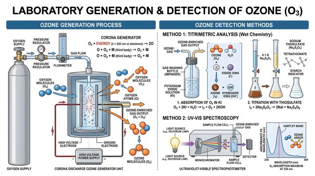 Laboratory generation and detection of ozone (O₃) infographic showing dielectric discharge ozone generator, gas flow and mixing system, iodometric titration chemistry, UV spectrophotometric analysis, 