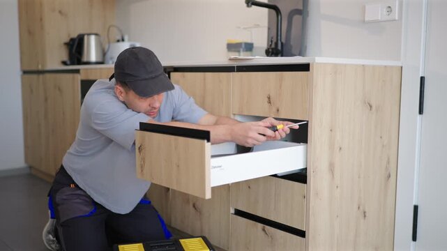 Maintenance worker with toolbox kneels in kitchen of home for repair work on wooden cabinet drawers. Man in cap uses screwdriver to adjust drawer slides with focused attention and satisfaction.