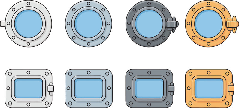 Set of round and rectangular ship porthole windows vector pack featuring metal frame ship windows for cruise ships, cargo vessels, submarines and nautical interior design visuals.