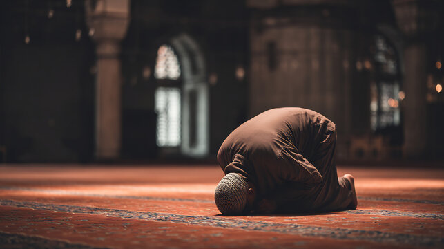 Muslim man in traditional clothing praying inside a mosque