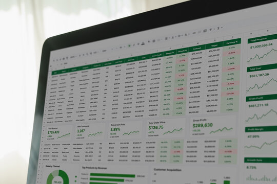 Close-up laptop screen showing spreadsheet dashboard with graphs, charts, data table, financial metrics, revenue, cost, profit, forecast and analysis for business management report.