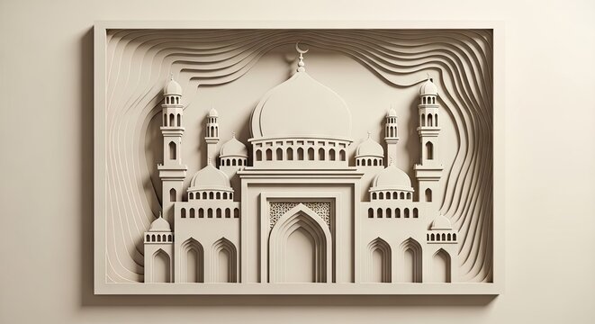 Minimalist 3D paper cut mosque with domes and minarets