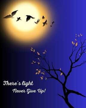 Motivational quote never give up with birds flying in night