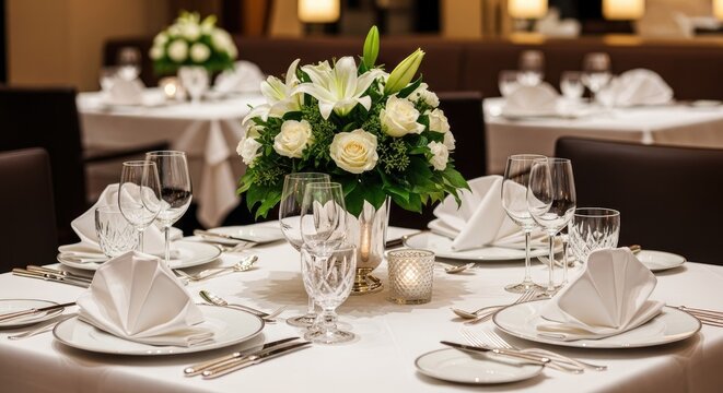 Elegant restaurant table setting with flowers and fine dining