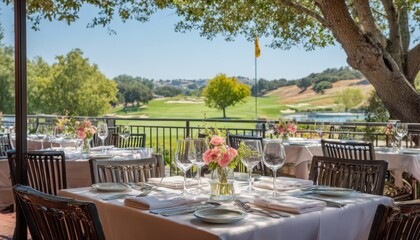 Fototapeta premium Restaurant patio with tables set for dining overlooking a scenic golf course