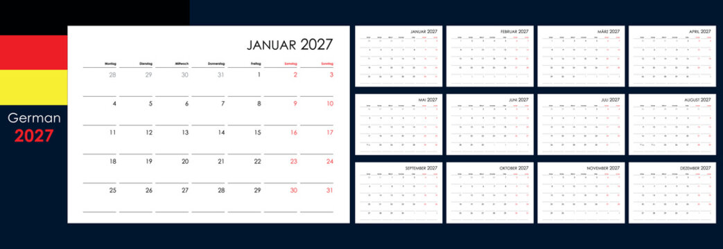2027 wall or desk calendar template, yearly planner organizer, german version