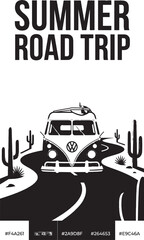Obraz premium Summer road trip design with a vintage camper van driving on a desert highway with cacti in a minimalist black and white graphic style isolated on transparent background, Vector