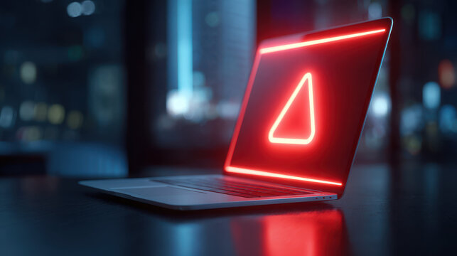 Laptop with glowing red warning sign on screen in dark room
