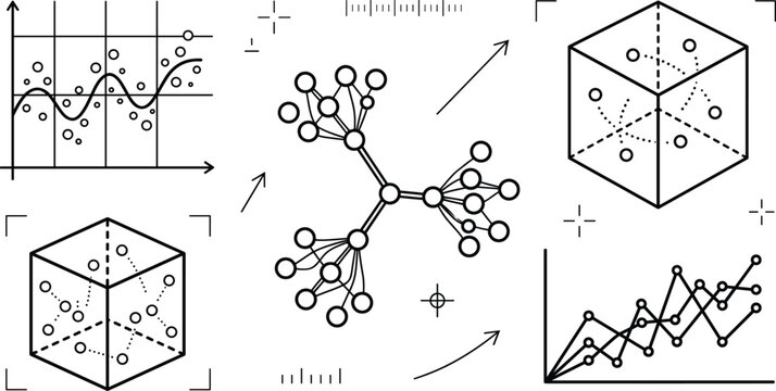 Data Science Network Icon Set with 3D Data Cube and Chart Vector Symbols