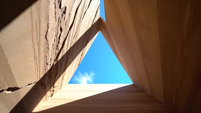 Unique architectural opening in sandstone reveals bright blue sky and sun