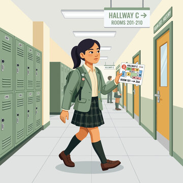 Student auditory processing disorder following picture map school hallway 3D vector cartoon illustration, learning disability accommodation education awareness, sage green warm amber design