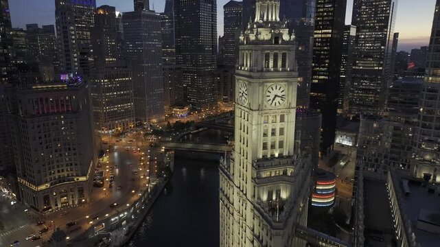 Aerial night view of downtown skyline of Chicago loop area