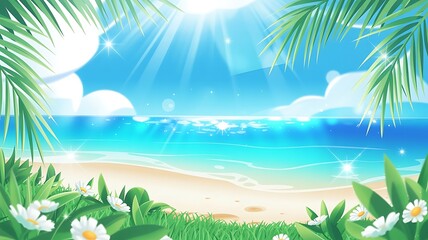 Obraz premium Vibrant Anime Style Summer Beach Landscape Featuring Sparkling Ocean Waves and Tropical Palm Trees Under a Radiant Clear Blue Sky