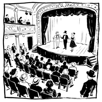 Vintage theater performance with actors and audience