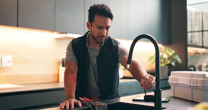 Plumber, fix and happy man with tap in kitchen for home repair service, done or success. Male person, repairman or handyman with smile, faucet or water for plumbing job, completion or finish in house