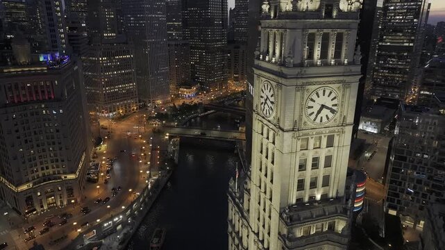 Aerial night view of downtown skyline of Chicago loop area