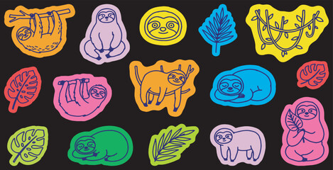 Fototapeta premium Colorful Sloth and Leaf Stickers Collection on Black Background.
