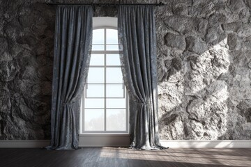 Fototapeta premium Arched window with drapery against a textured stone wall.