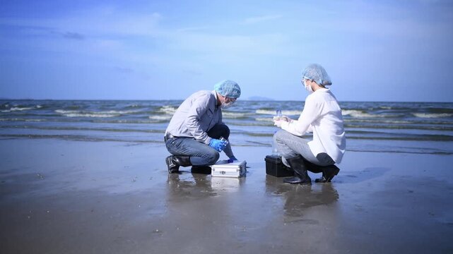 Scientist annalist wearing protective uniform, mask ,glove and under working water analysis effected from phytoplankton at sea analyst case in laboratory is environment pollution problem concept.