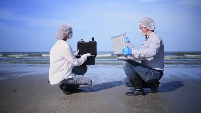 Scientist annalist wearing protective uniform, mask ,glove and under working water analysis effected from phytoplankton at sea analyst case in laboratory is environment pollution problem concept.