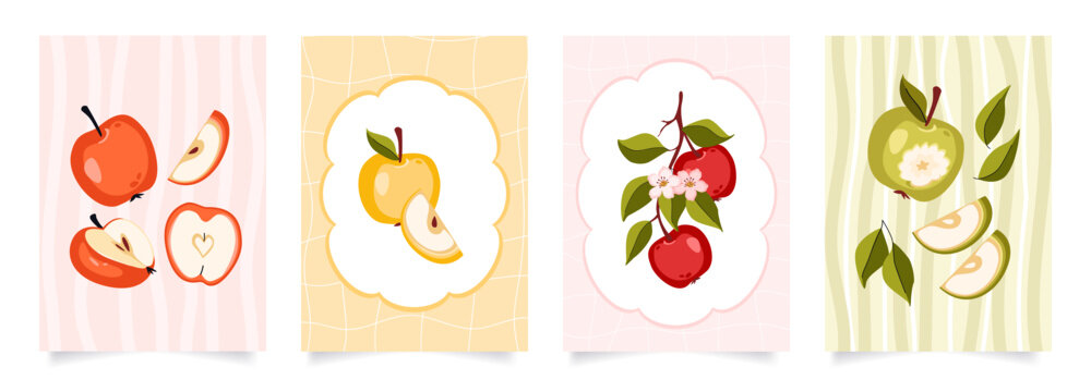 Fruits set of greeting cards, posters, holiday covers. Summer design with apples, leaves and flowers.