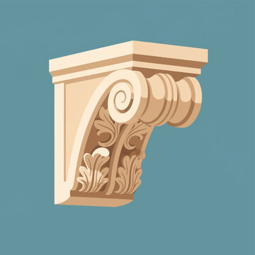 Detailed architectural corbel bracket vector featuring a classical volute scroll and acanthus leaf carvings, ornamental masonry support element in cream on a solid blue background.