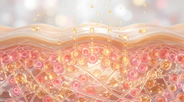 3d rendering of skin layers with serum droplets penetrating the epidermis for skincare and cosmetic product advertisement