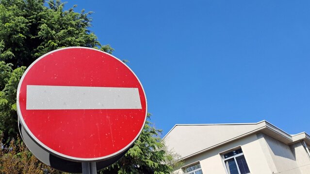 Close-up of a no entry or wrong way road sign, Italy, Europe.