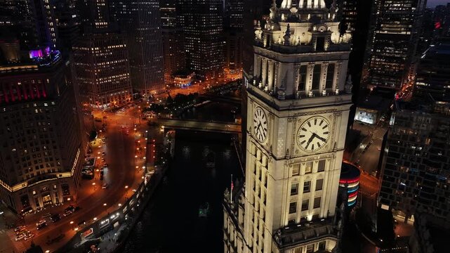 Aerial night view of downtown skyline of Chicago loop area