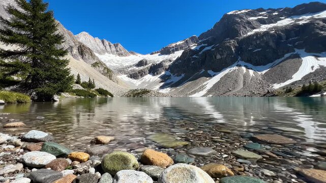 Crystal clear lake reflecting snow-capped mountains under a bright blue sky