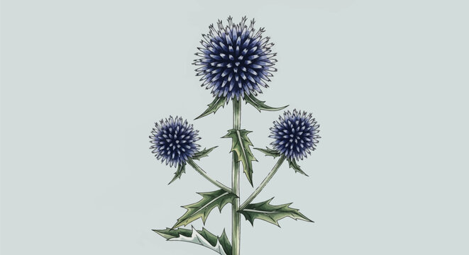 Watercolor botanical illustration of blue globe thistle (Echinops ritro) featuring three spiky spherical purple flower heads on green stems with prickly serrated leaves.